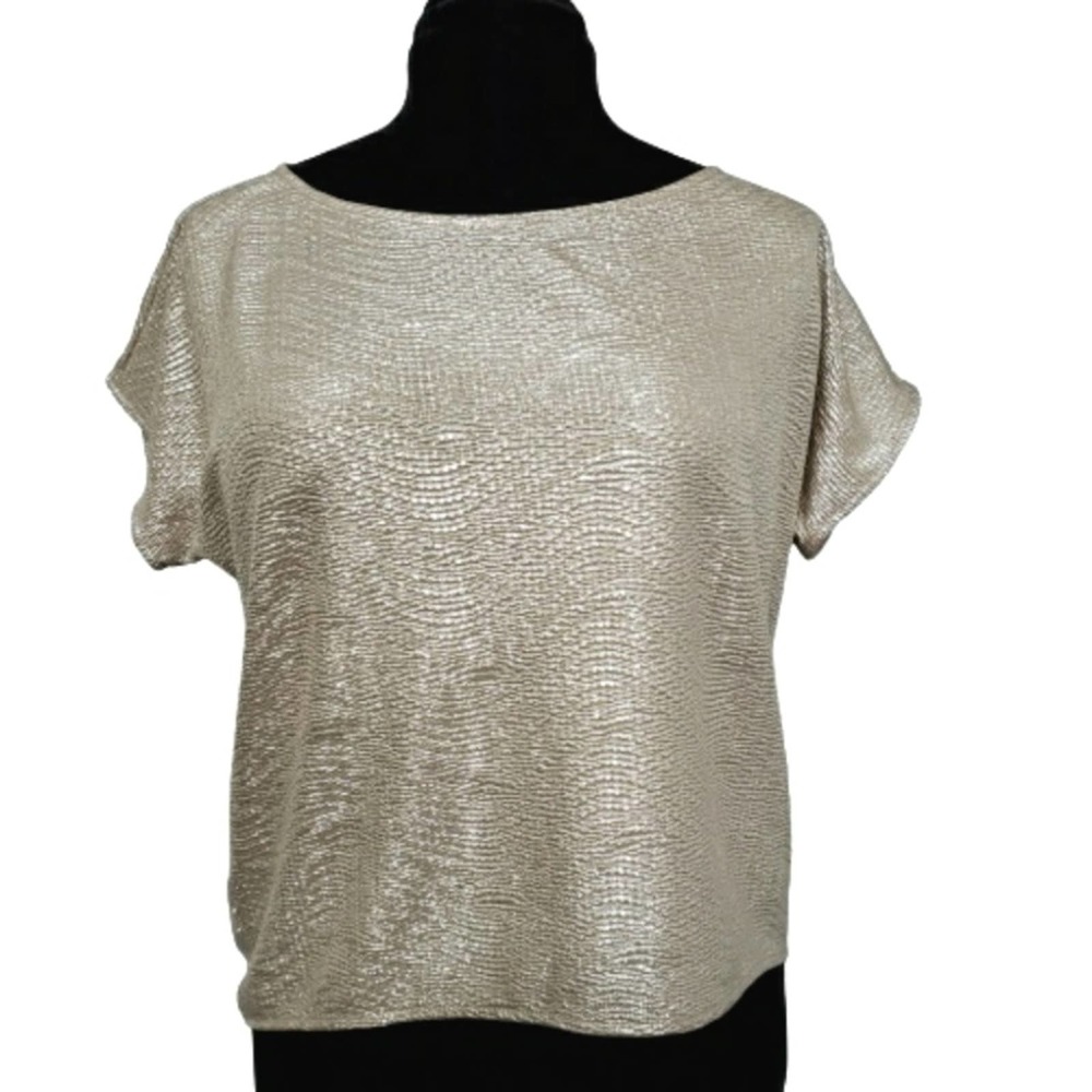 BCBGeneration Gold Metallic Short Dolman Sleeve Scoop Neck Textured Top Medium